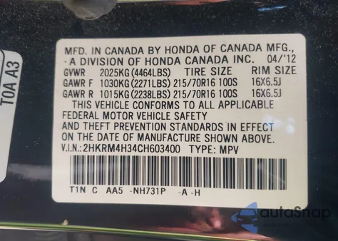 2012 Honda Cr-V Lx z USA, uszkodzony, nr VIN 2HKRM4H34CH603400